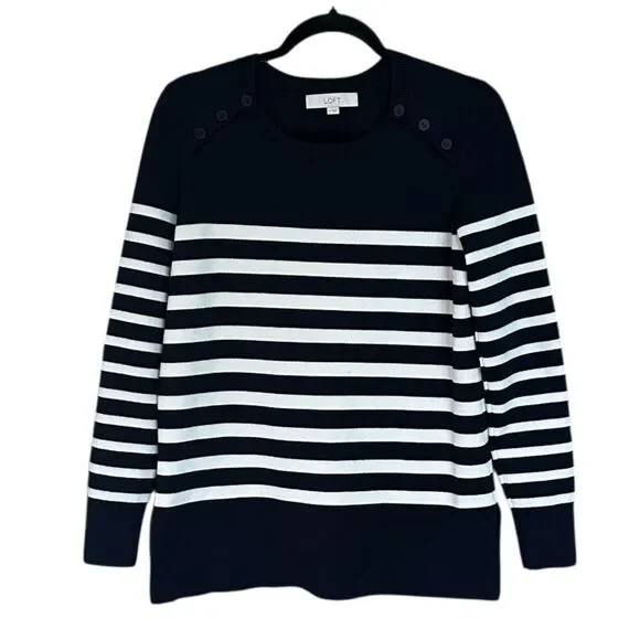 LOFT Navy and White Crew Neck Sweater Nautical Stripes Button Detail Size Medium - Picture 2 of 7